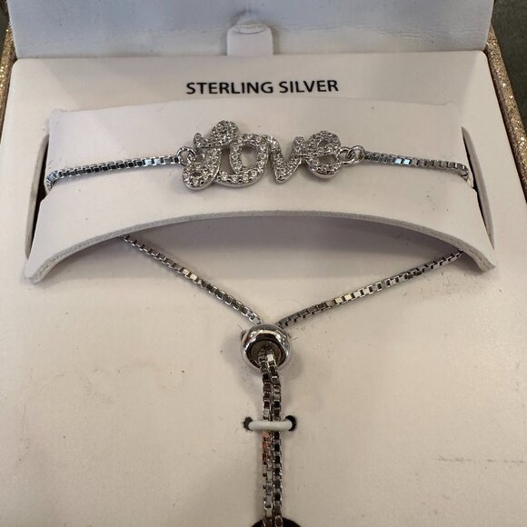 NWT Silver Tone Rhinestone LOVE Bolo Bracelet with Sparkly Box - Picture 1 of 2